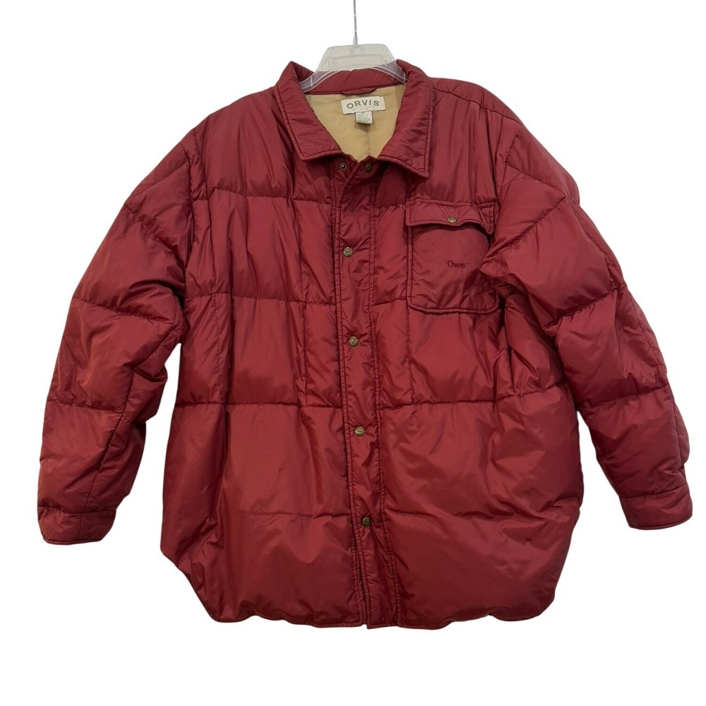 Vintage Orvis Men's XXL Red Quilted Down Puffer‎ Jacket Snap Front Outdoor Coat